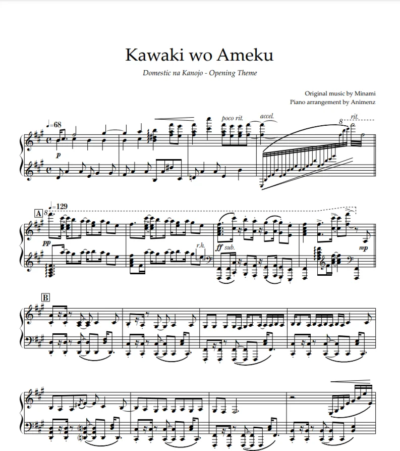 Ноты Animenz - Crying for Rain – Domestic na Kanojo OP