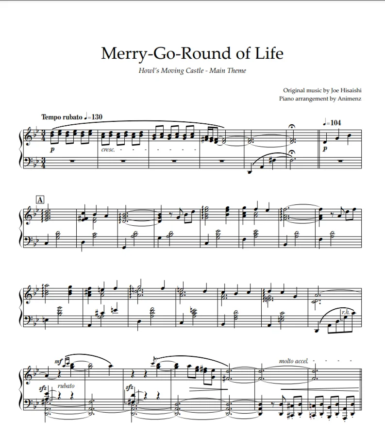 Ноты Animenz - MerryGoRound of Life–Howl’s Moving Castl