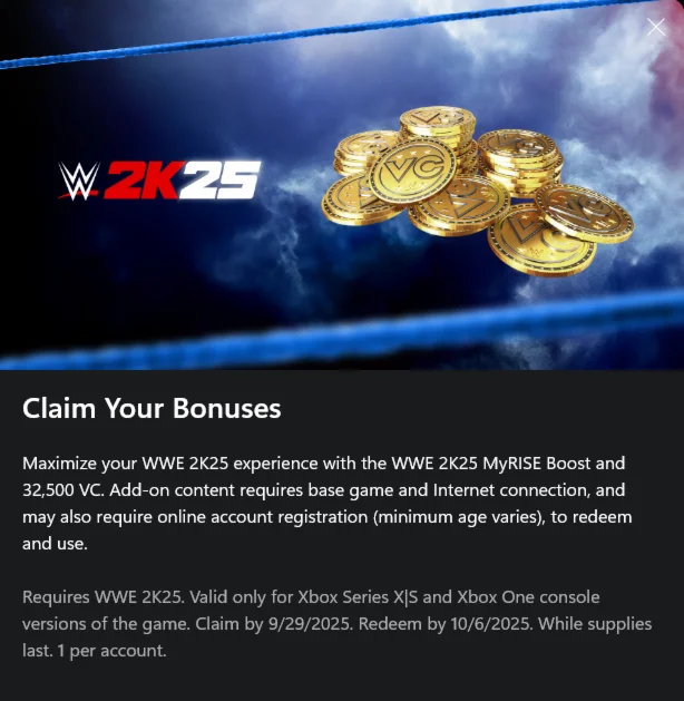 WWE 2K25 MyRISE Boost &amp; VC Bundle XBOX 🔑