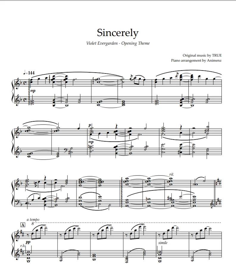 Ноты Animenz - Sincerely – Violet Evergarden OP