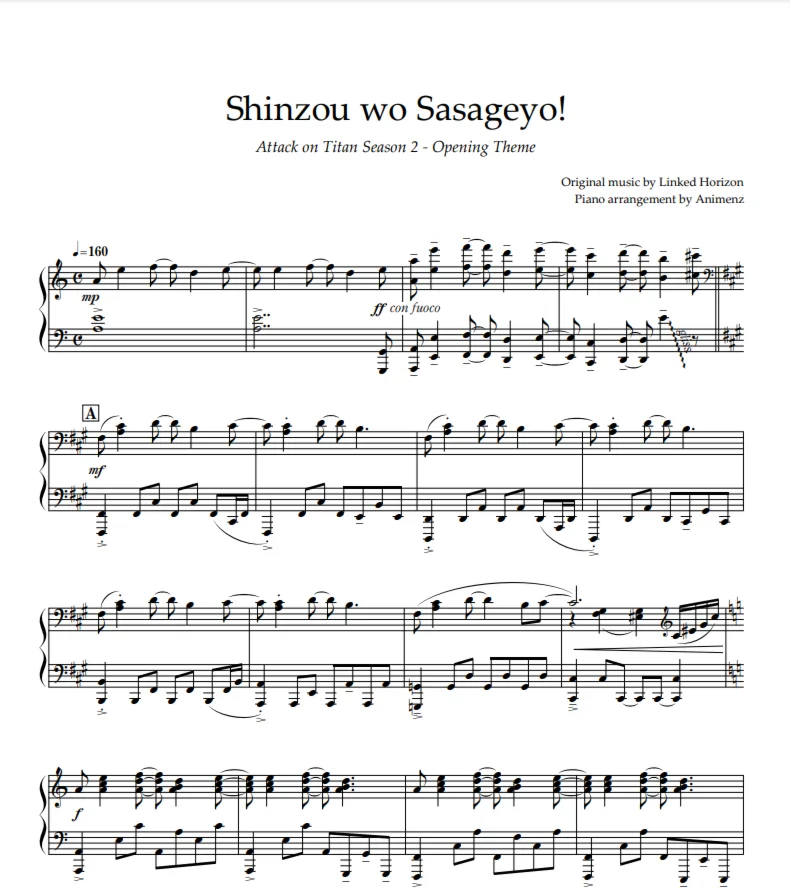 Ноты Animenz - Shinzou wo Sasageyo – Attack on Titan S2