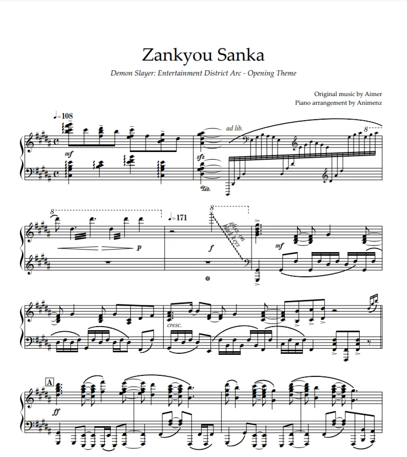 Ноты Animenz - Zankyou Sanka – Demon Slayer Season 2 OP
