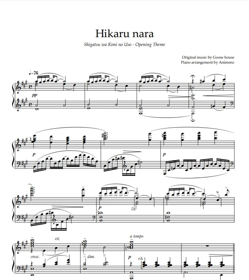Ноты Animenz - Hikaru Nara – Your Lie in April OP1