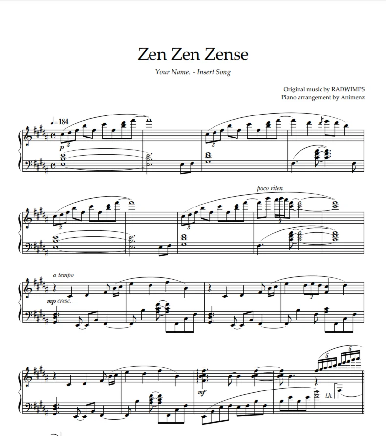 Ноты Animenz - Zen Zen Zense – Your Name(Kimi no Na wa)