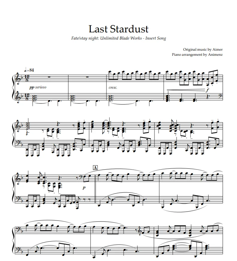 Ноты Animenz - Last Stardust – Fate/stay night: UBW