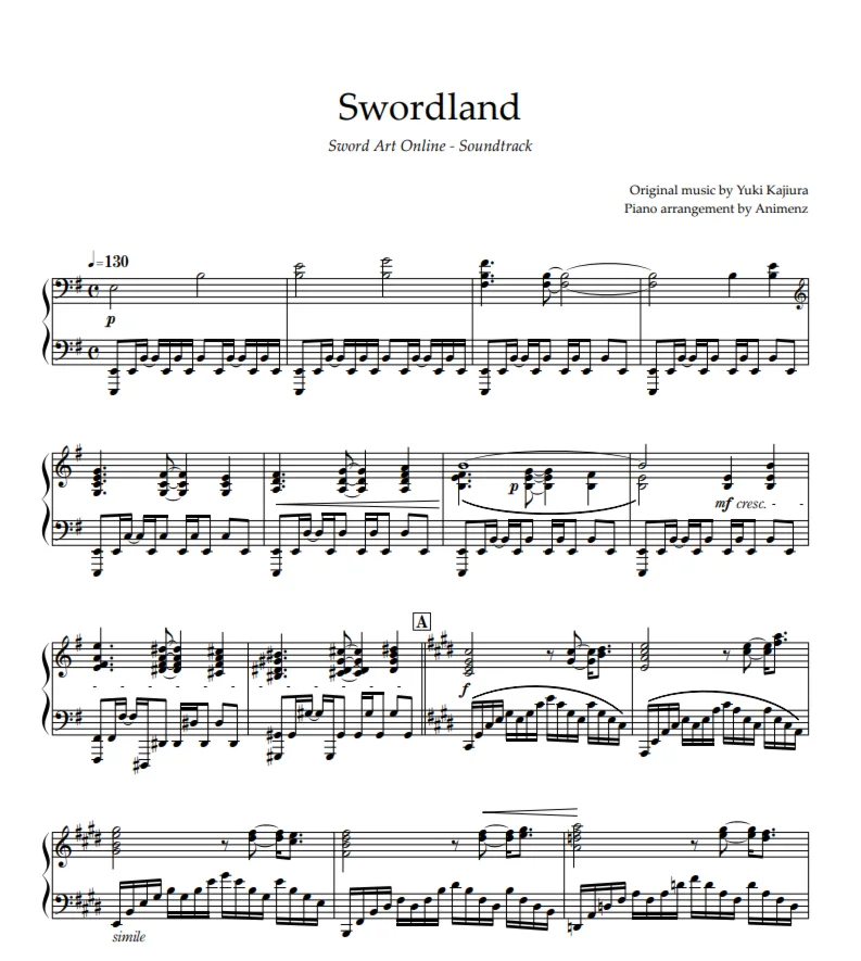 Ноты Animenz - Sword Art Online - Swordland Main Theme