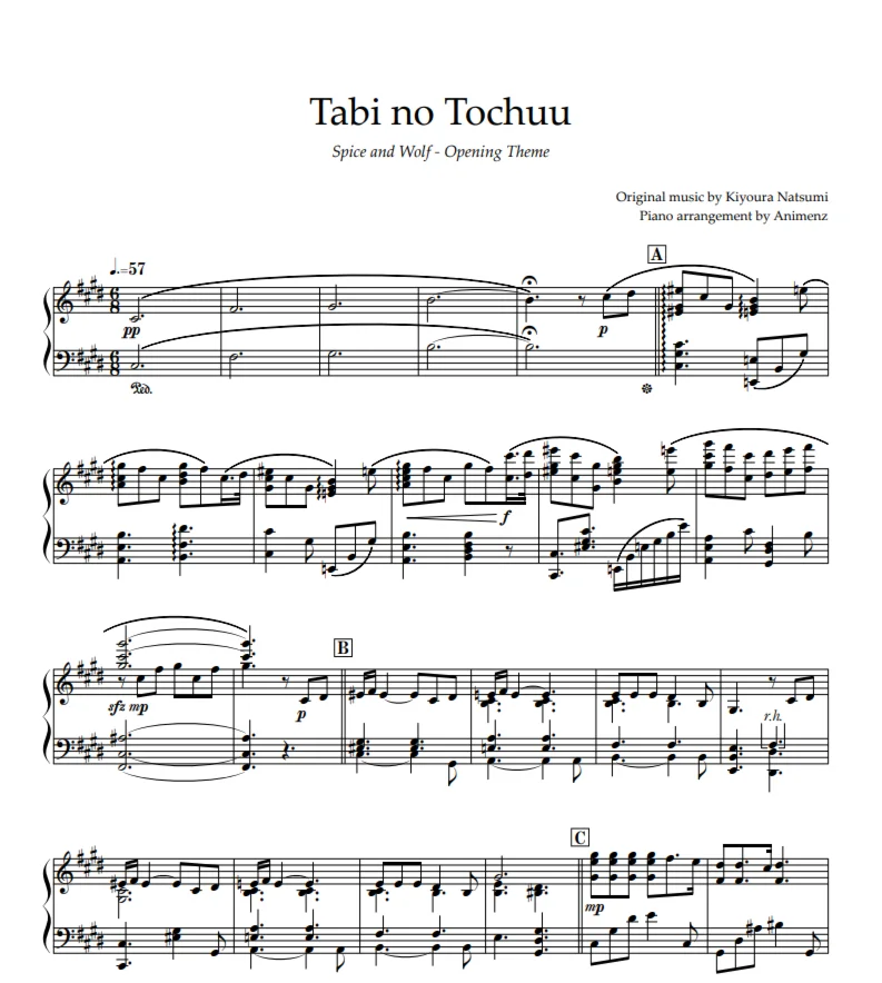 Ноты Animenz - Tabi no Tochuu - Spice and Wolf OP
