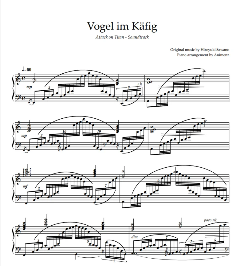 Ноты Animenz - Vogel im Käfig - Attack on Titan OST