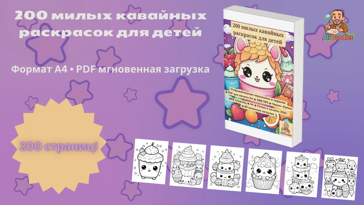 200 милых кавайных раскрасок для детей  (A4, PDF)