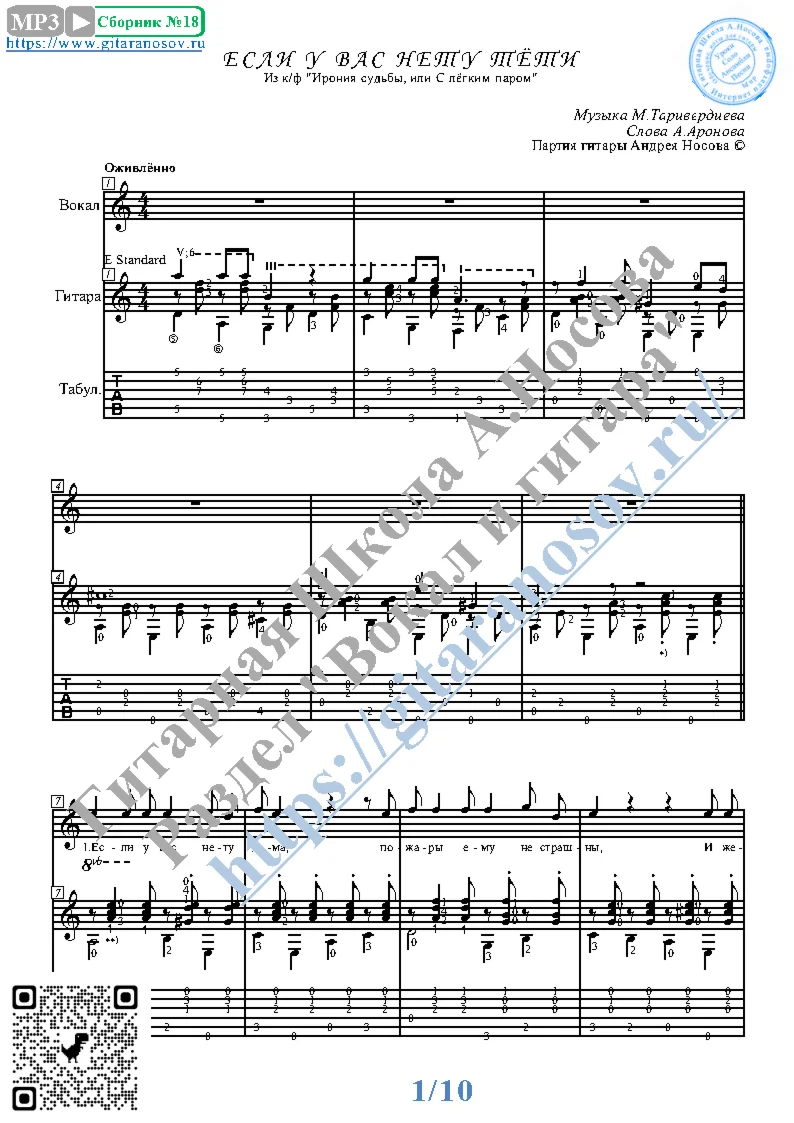 Esli u vas netu tyoti (Vocals Guitar Sheet Music Tabs)