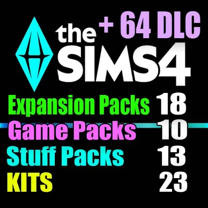 SIMS 4 + 64 DLC (18 доп・10 наб・13 кат・23 ком) на 2 мес