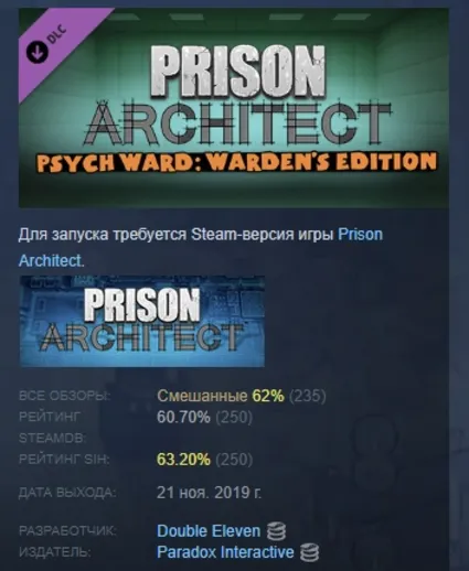 Prison Architect - Psych Ward: Warden's Edition АВТОДОСТАВКА STEAM РОССИЯ