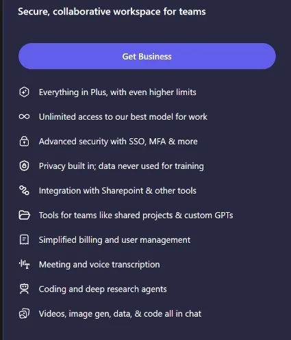ChatGPT Plus Bussiness Team 1 Month Private Account