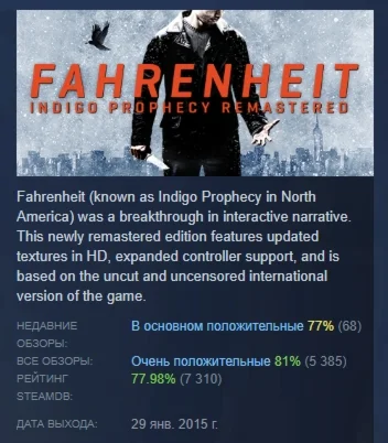 Fahrenheit: Indigo Prophecy Remastered STEAM РОССИЯ