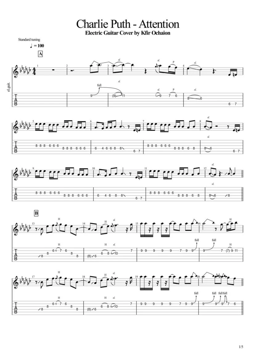 Табы Kfir Ochaion - Charlie Puth - Attention