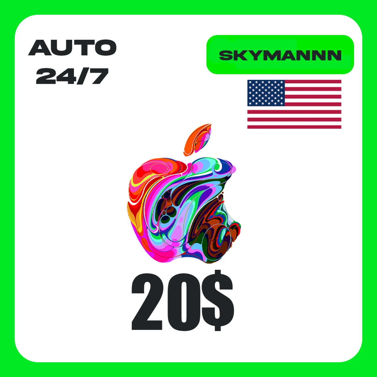 Apple iTunes 20$ USD США ПОДАРОЧНАЯ КАРТА АВТО 24/7