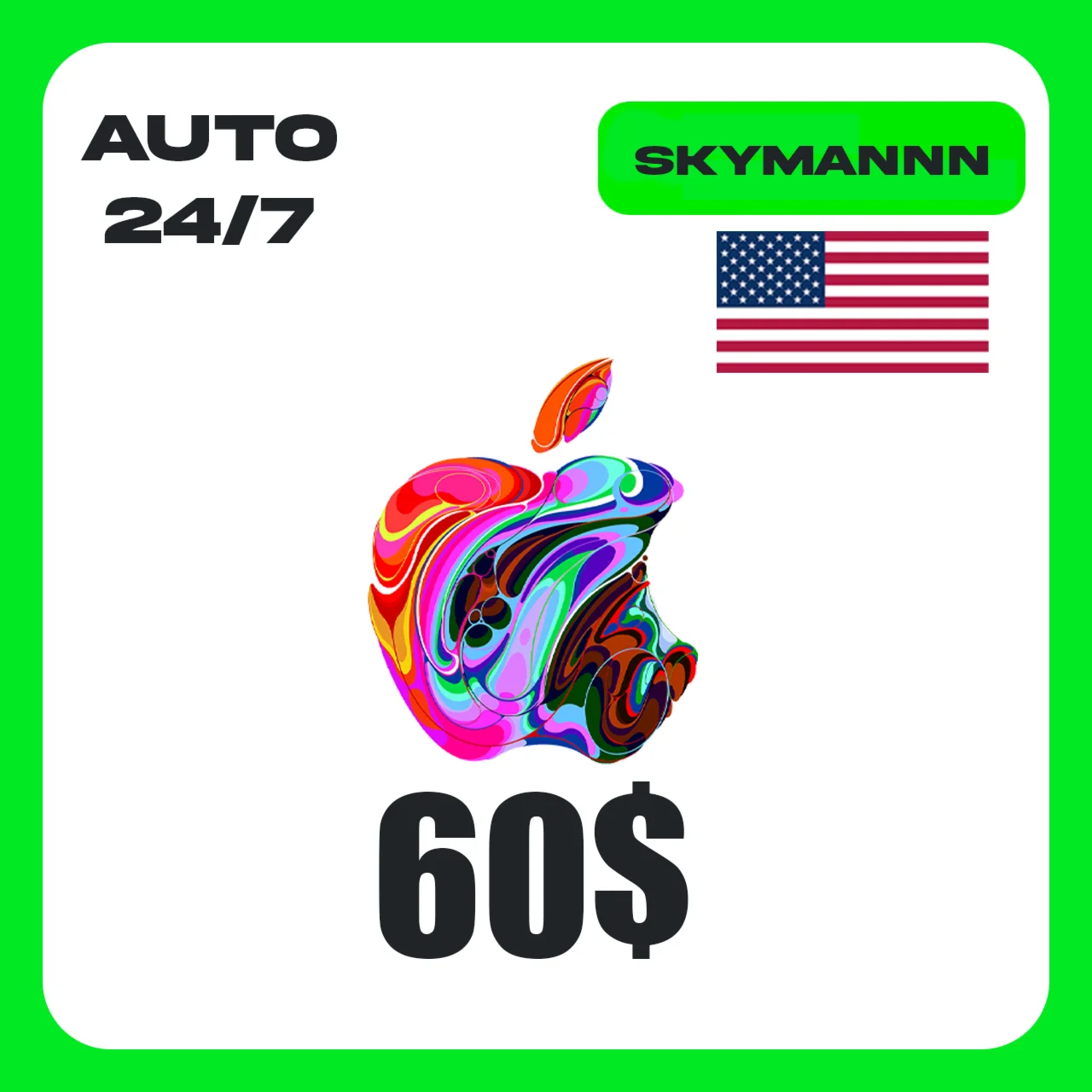 Apple iTunes 60$ USD США ПОДАРОЧНАЯ КАРТА АВТО 24/7