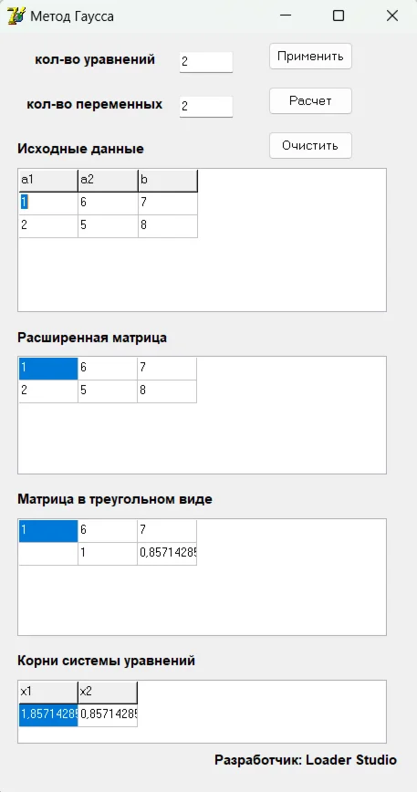 Gauss method for solving the linear (program + source)