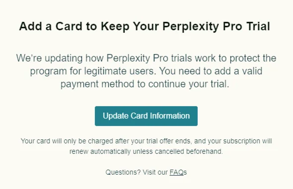 Привязка карты для Perplexity Pro Trial