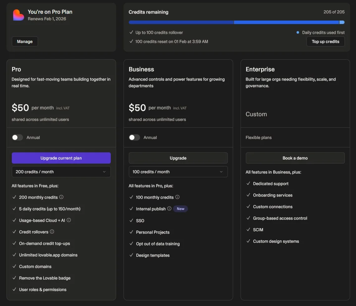 Lovable PRO | 200 credits | Subscription until March