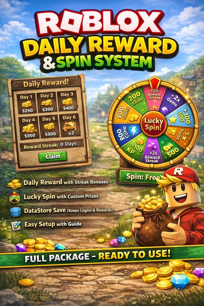 Roblox Money, Daily Reward &amp; Spin Wheel System – DataStore Save, Secure, Ready to Use