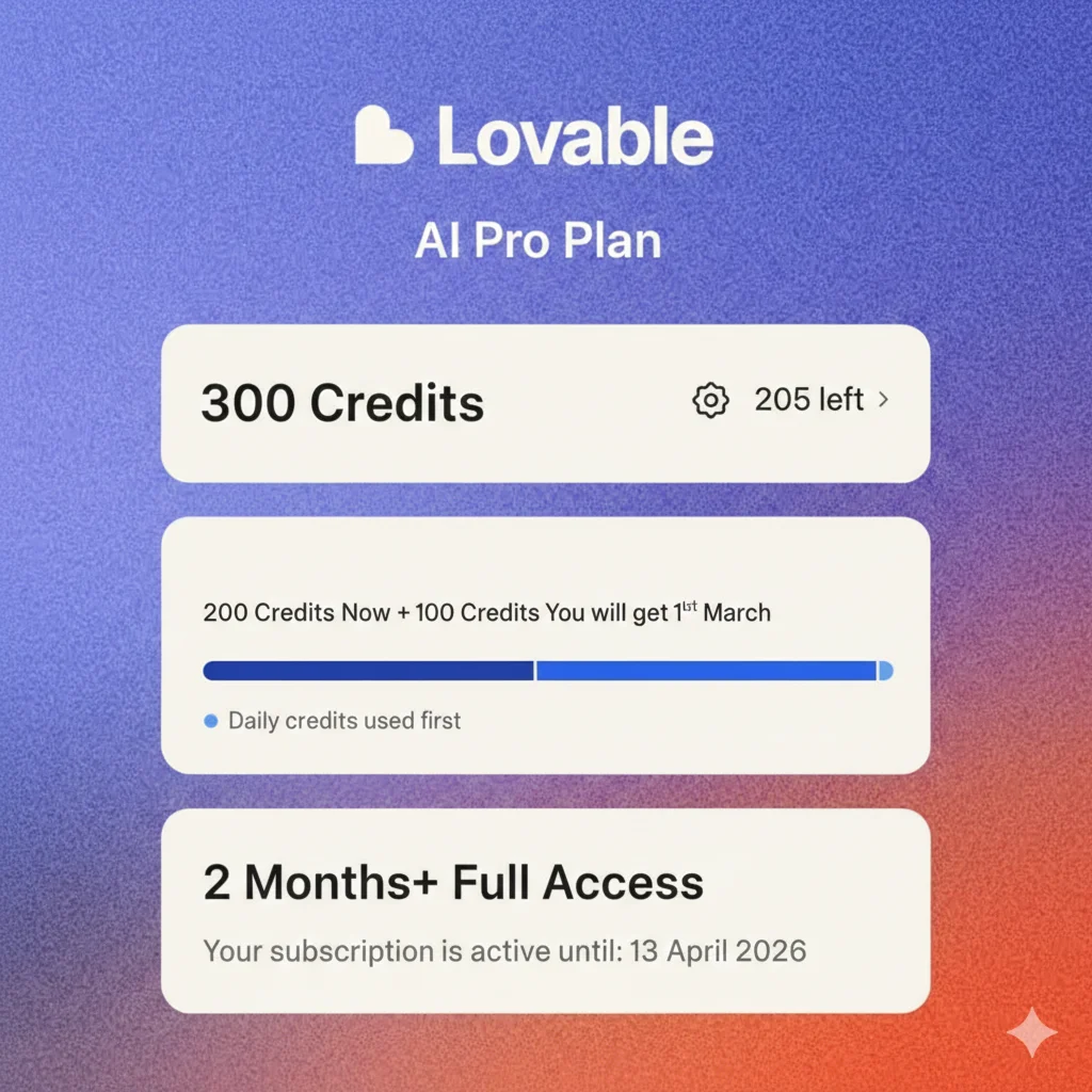 Lovable.dev AI Pro | 300 Credits | Instant Delivery