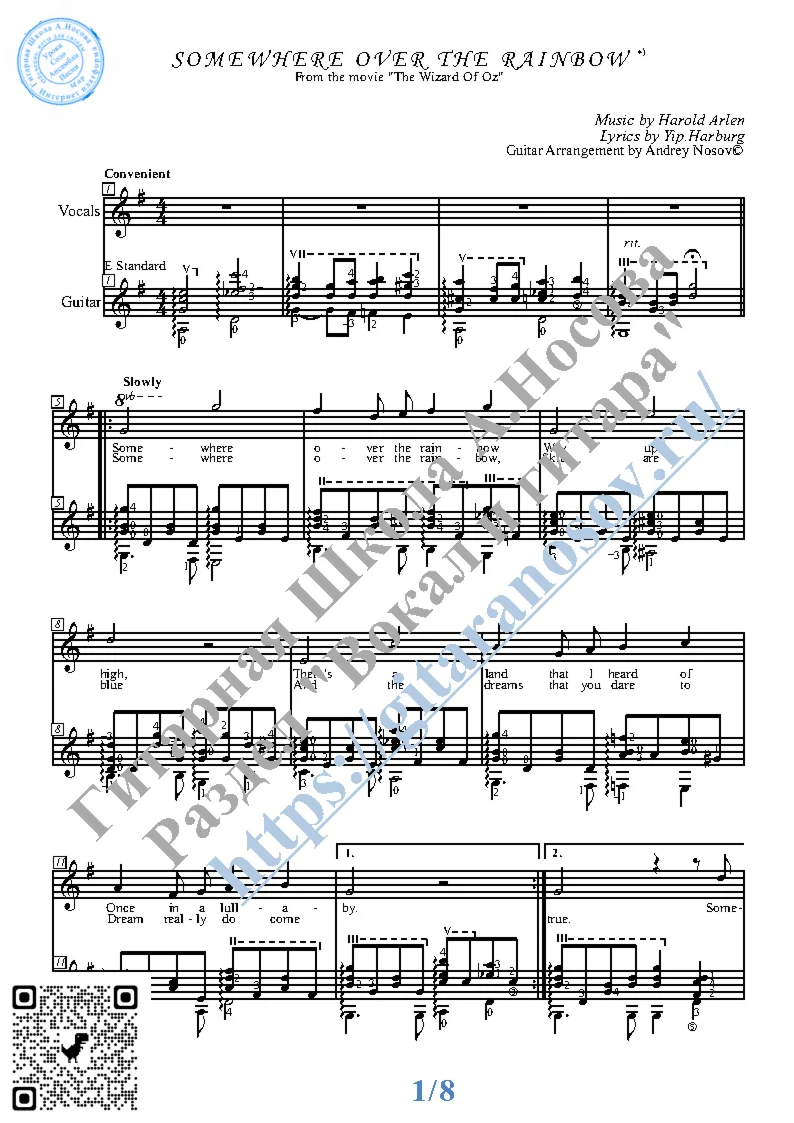 Somewhere over the Rainbow (Vocals Guitar Notes Tabs)