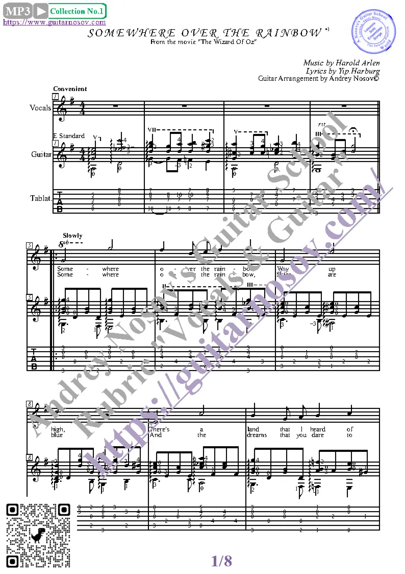 Somewhere over the Rainbow (Вокал Гитара Ноты Табы)