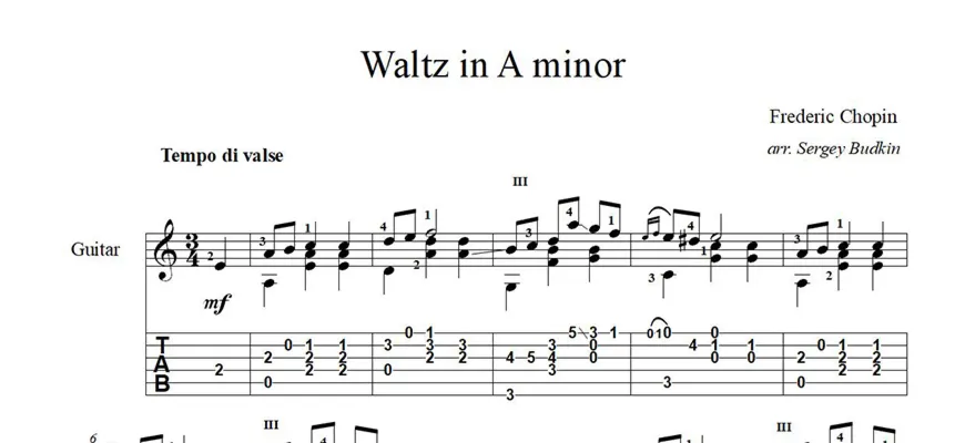 Вальс ля-минор (Фредерик Шопен) ноты для гитары