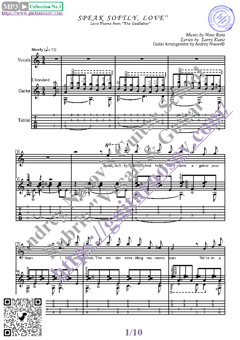 Speak Softly Love (Вокал Гитара Ноты Табы)