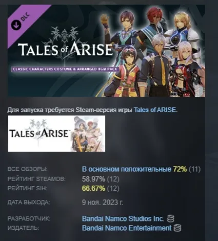 Tales of ARISE - Classic Characters Costume  Arranged BGM Pack DLC STEAM РОССИЯ