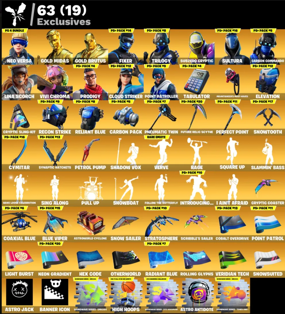 FN (все платформы)  280 скинов (15 платных) | Полный доступ 