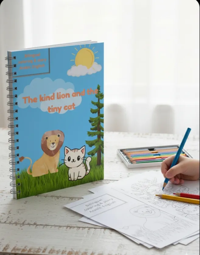 Bilingual coloring story:kind lion&amp;tiny cat